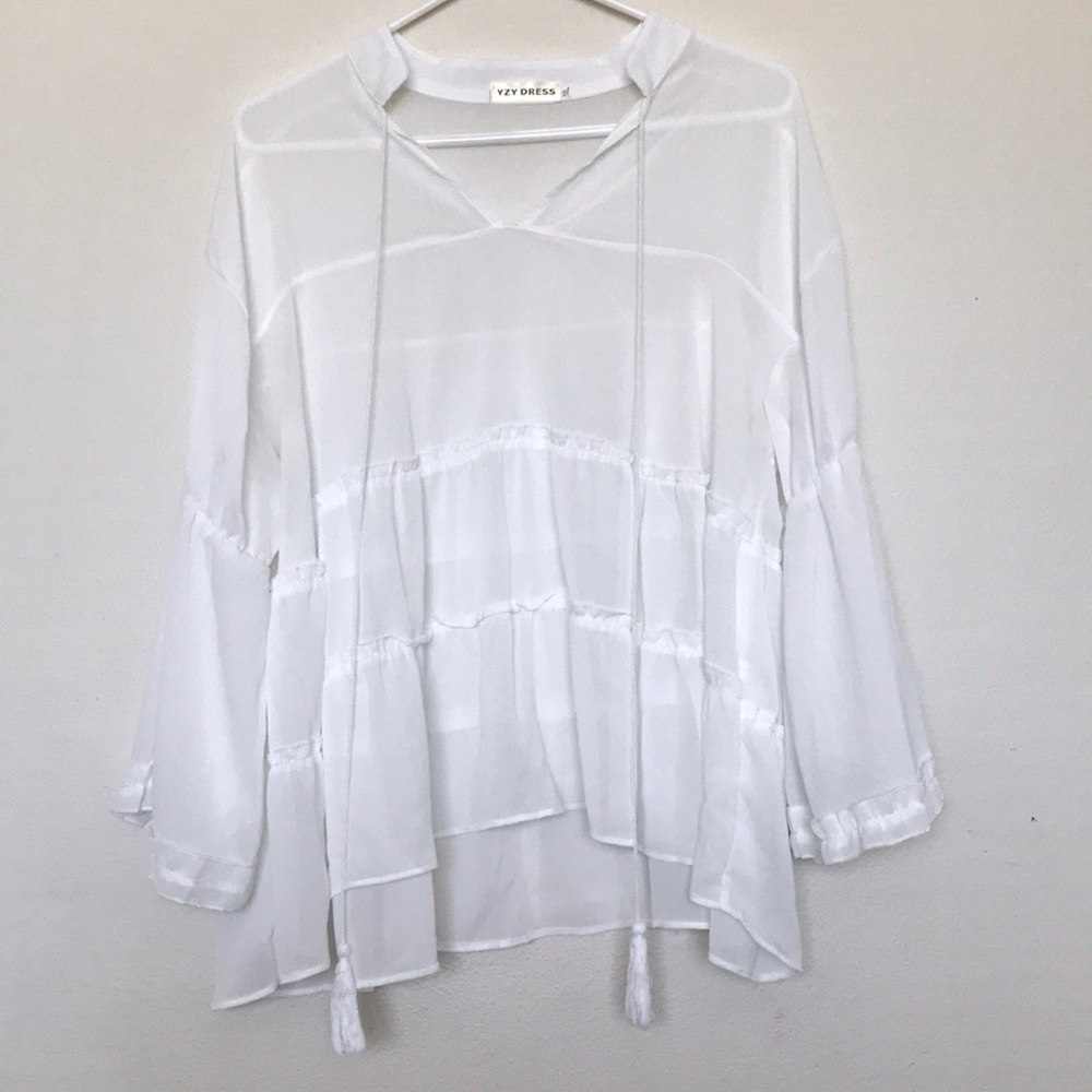 Plus Size Sheer White Baby Doll Top With Tassels